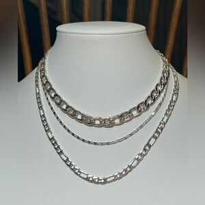 Layered Three Strand Silver Tone Chain Necklace with Clear Rhinestone Crystals